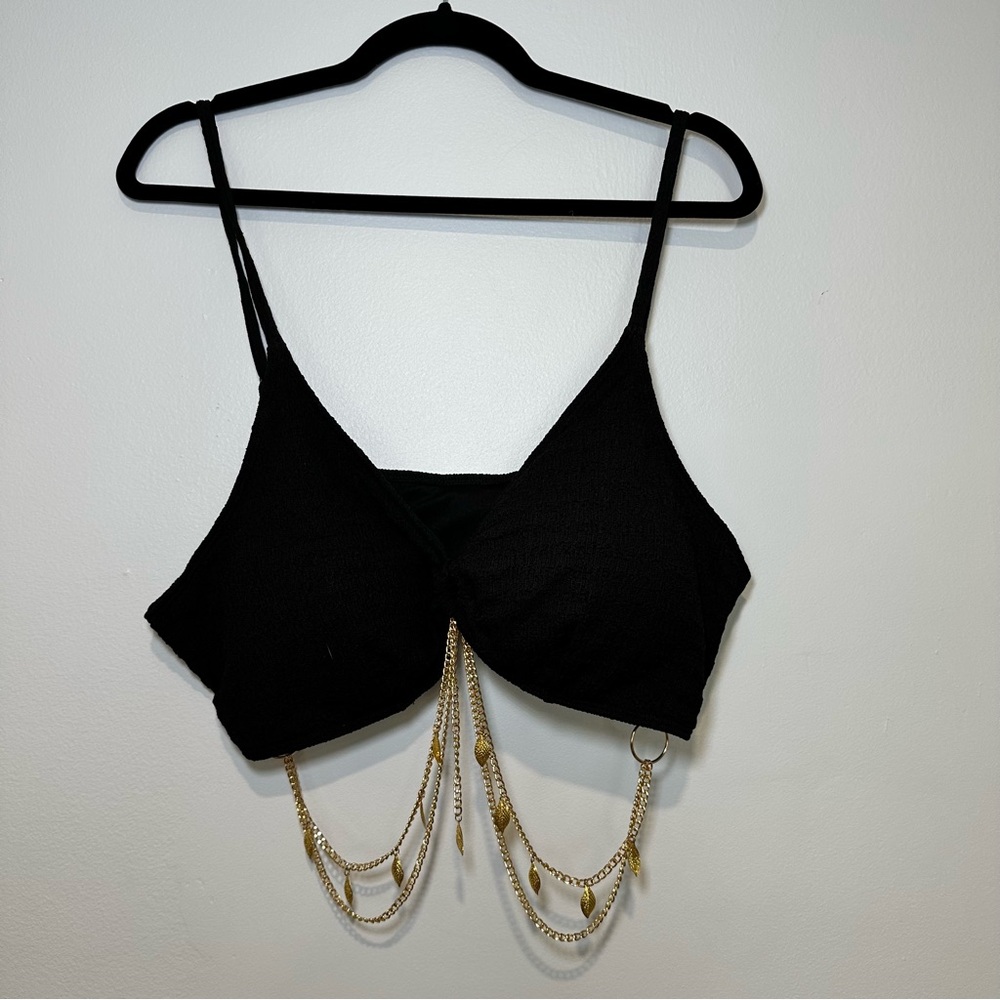 SHEIN Black Bikini Top with Gold Chain Detail